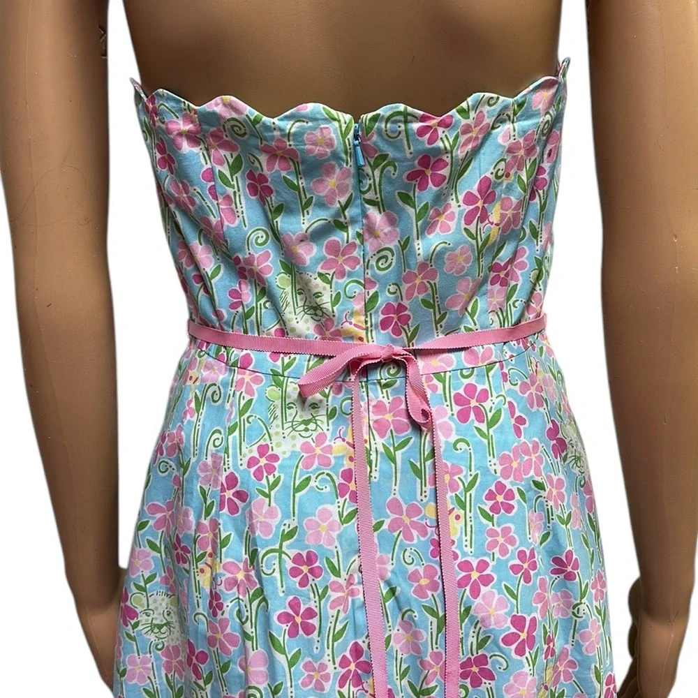 Lilly Pulitzer Strapless Wave Blue Floral Butterfly Tiger Scalloped Trim Dress 6 - Picture 8 of 13